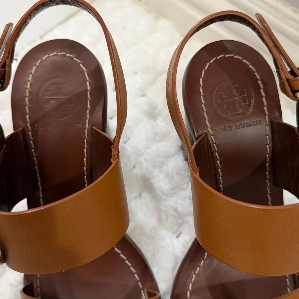 Tory Burch 5.5 Thames MONARK VACHETTA custom tan leather heeled sandals - Picture 10 of 15